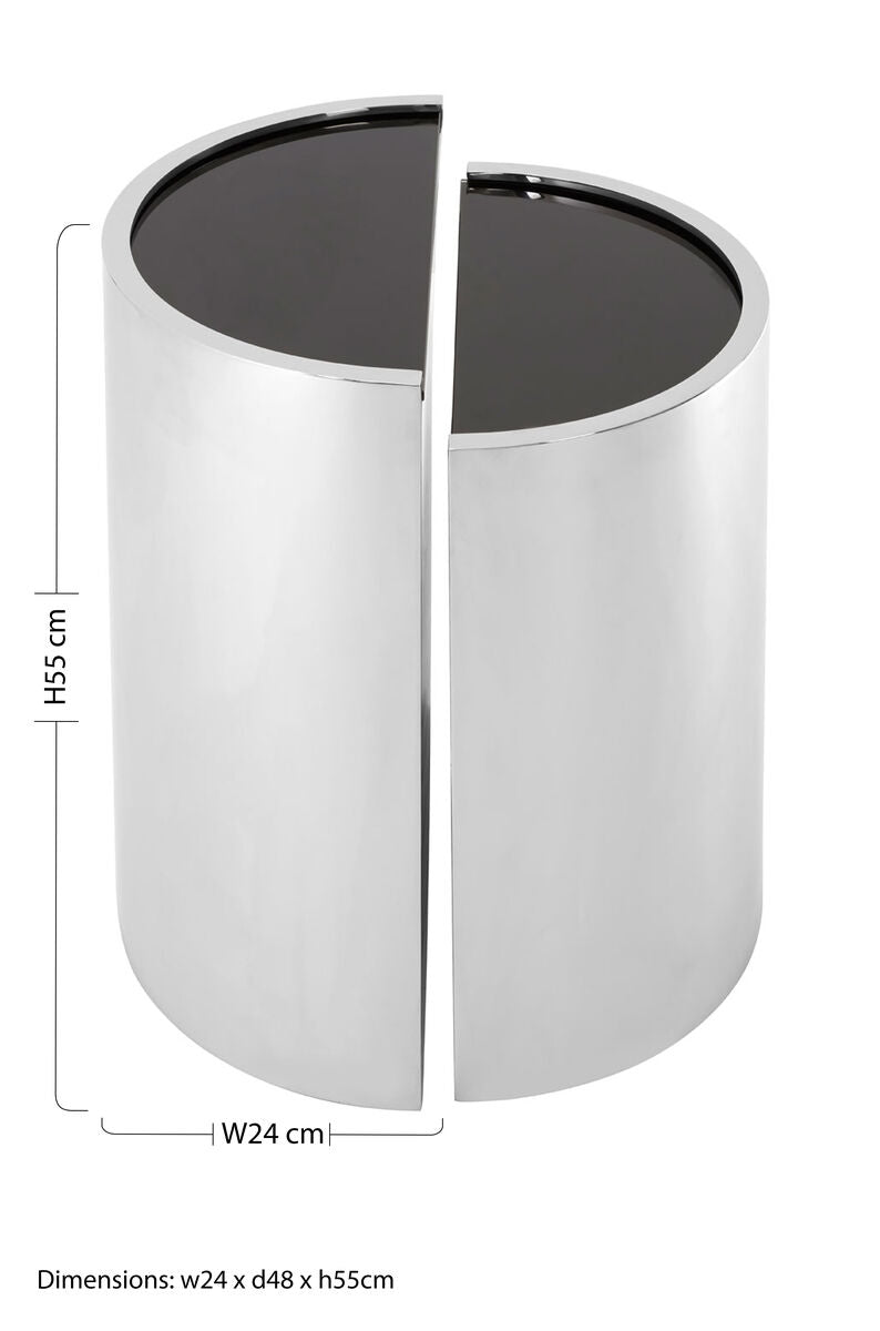 Set of 2 Semicircular Black Glass Top End Tables with Silver Finish Steel Frame | Piermount