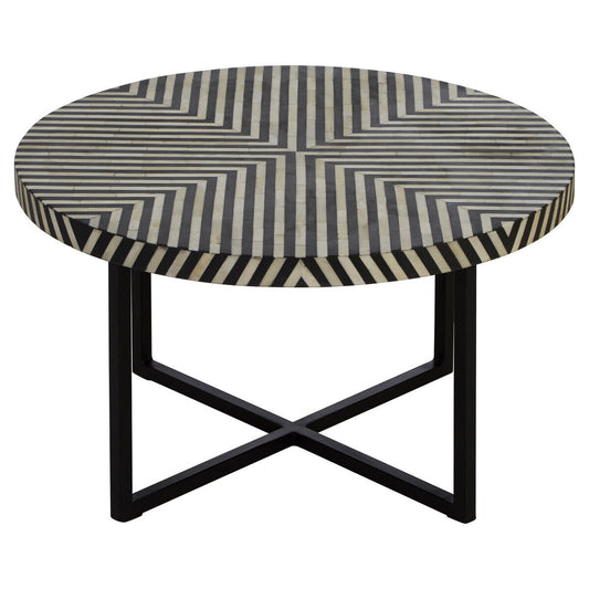 Black and White Top Bone Inlay Coffee Table with Black Metal Legs, Boho
