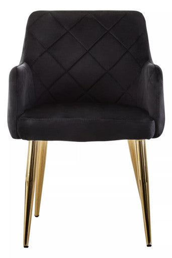 Black Velvet Quilted Dining Chair with Gold Finish Legs | Tamzin