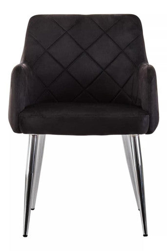 Black Velvet Quilted Dining Chair with Chrome Finish Legs | Tamzin