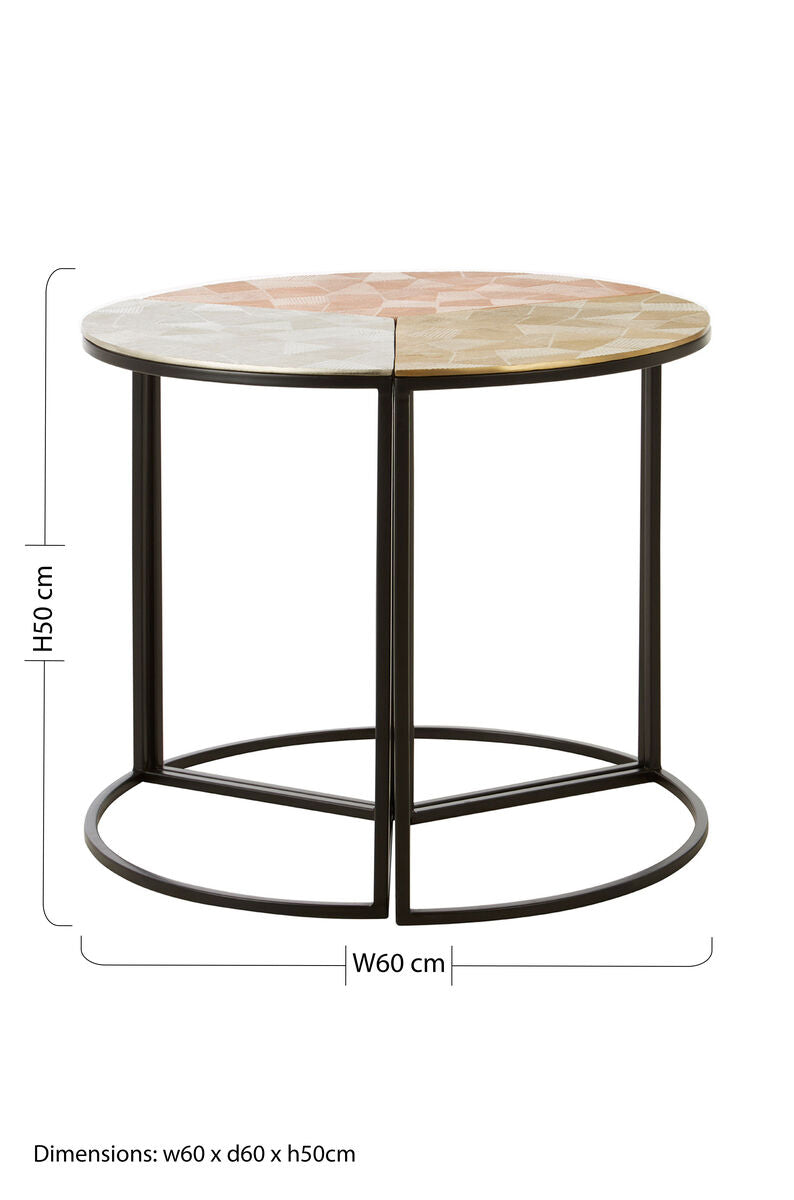 Set of 3 Assorted Etched Geometric Details Round Top Side Tables with Black Metallic Base | Mirano