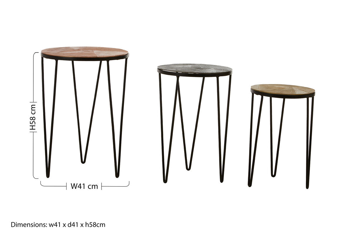 Set of 3 Assorted Textured Round Top Side Tables with Black Metallic Hairpin Legs | Mirano