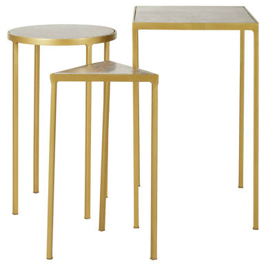 Grey Marble Top and Antique Brass Finish Set of 3 Nesting Tables | Rabia
