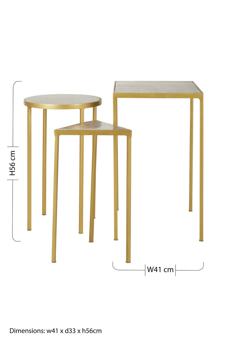 Grey Marble Top and Antique Brass Finish Set of 3 Nesting Tables | Rabia