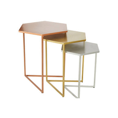 Nest of 3 Assorted Hexagonal Nesting Table with Metallic Tops | Rabia
