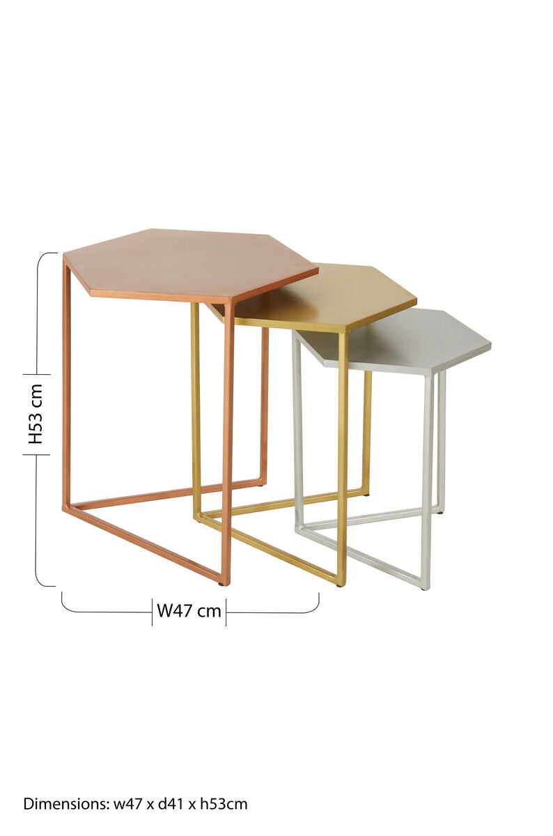 Nest of 3 Assorted Hexagonal Nesting Table with Metallic Tops | Rabia