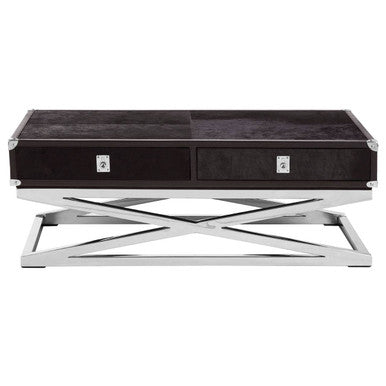 Black Hair-On-Hide Wood Top and Silver-Finished Frame Console Table with 2 Drawers | Kensington Townhouse
