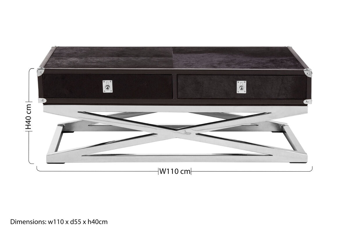 Black Hair-On-Hide Wood Top and Silver-Finished Frame Console Table with 2 Drawers | Kensington Townhouse