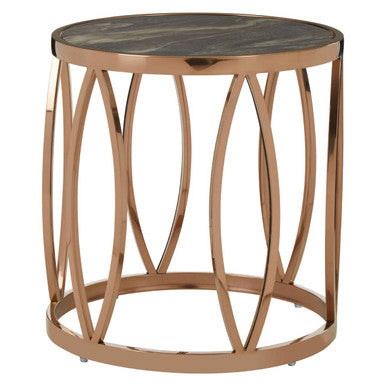 Gold Marble Top Round Side Table with Rose Gold Finish Leaf Base | Tula