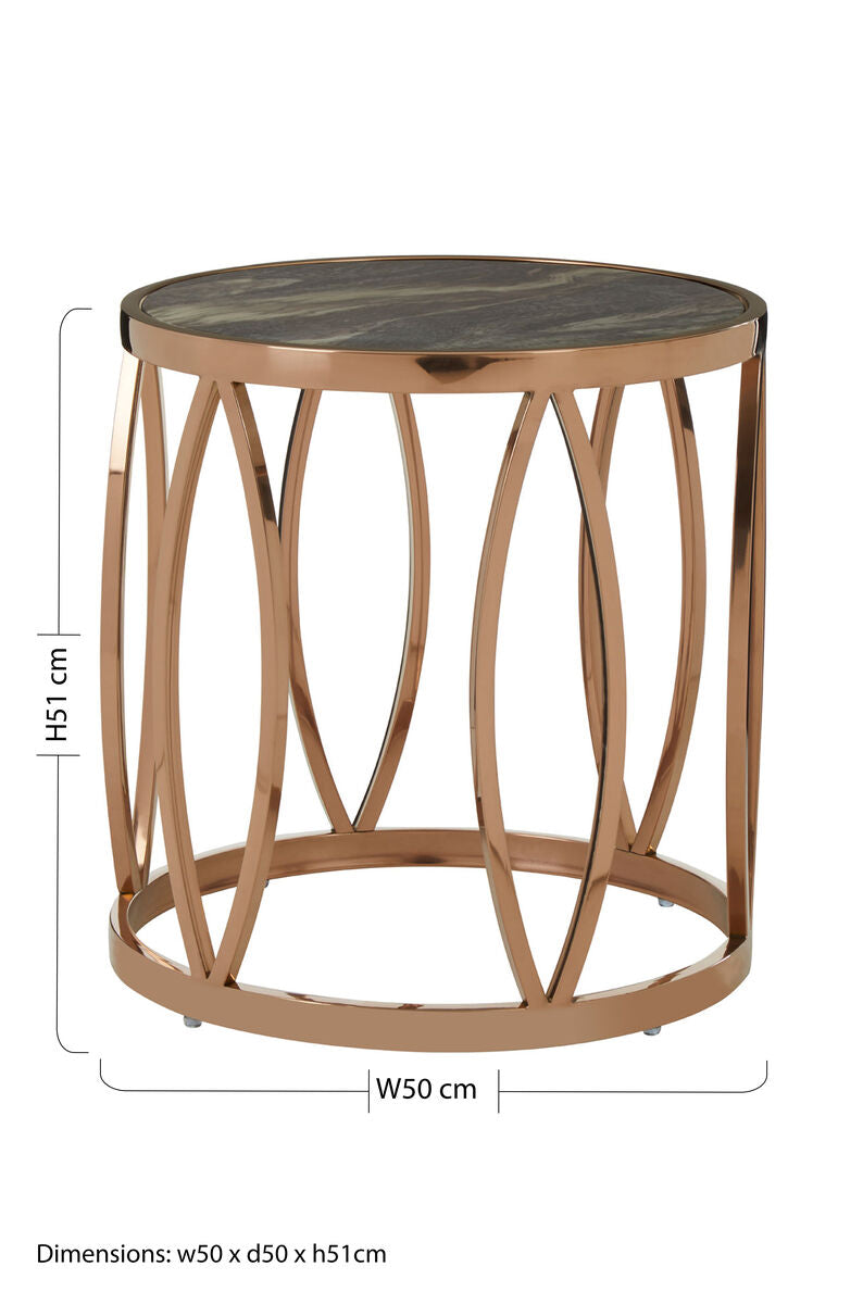 Gold Marble Top Round Side Table with Rose Gold Finish Leaf Base | Tula