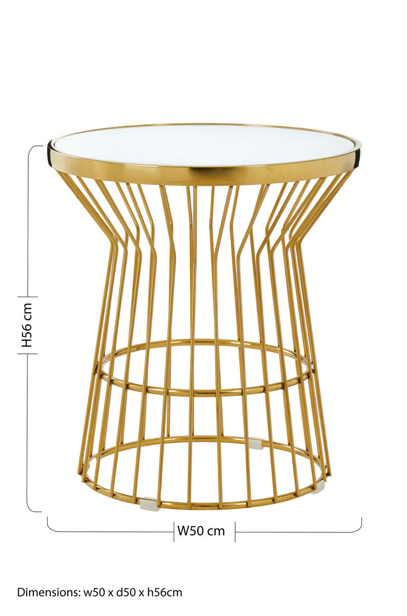 Gold Finish Corset Base Side Table with White Glass Top | Tula