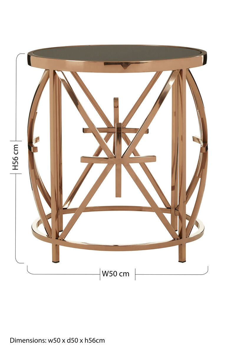 Black Glass Top Round Side Table with Rose Gold Star Stainless Steel Frame | Tula