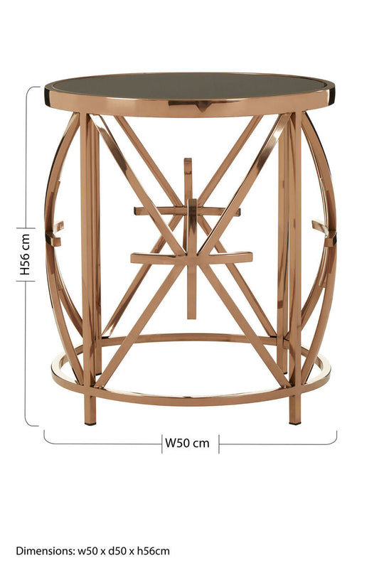 Black Glass Top Round Side Table with Rose Gold Star Stainless Steel Frame | Tula
