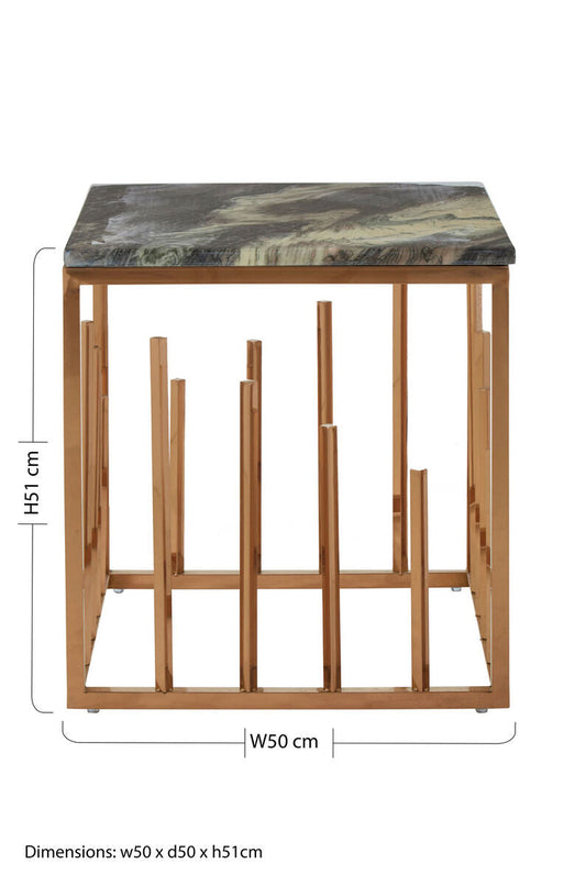 Black Marble Top Square Side Table with Rose Gold Finish Stainless Steel Frame | Tula