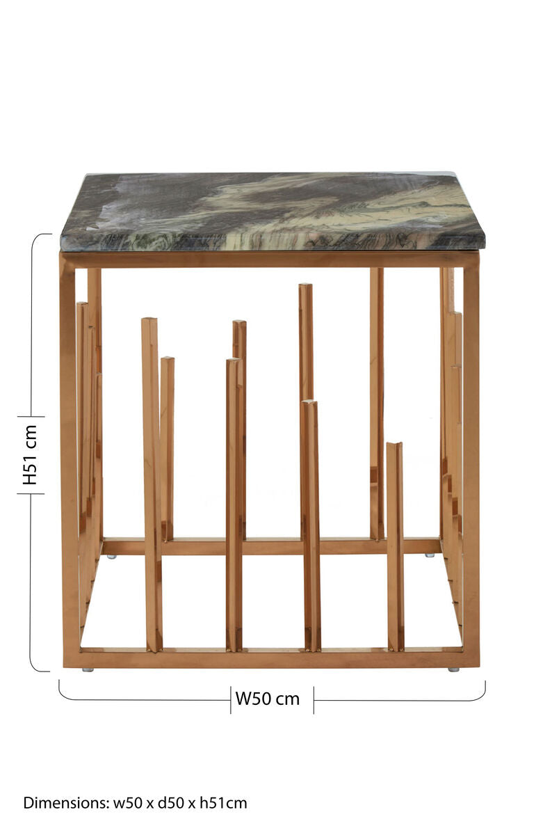 Black Marble Top Square Side Table with Rose Gold Finish Stainless Steel Frame | Tula