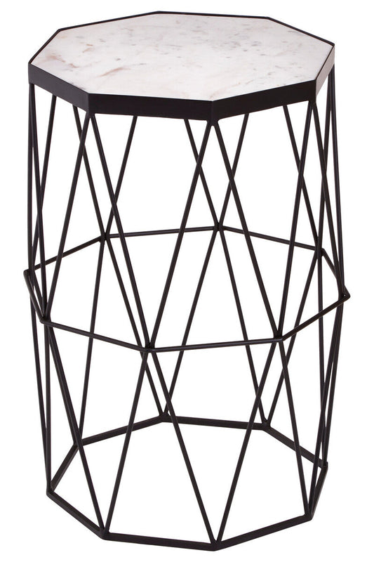 White Marble Top Octagonal Side Table with Black Finish Metal Base | Shalimar