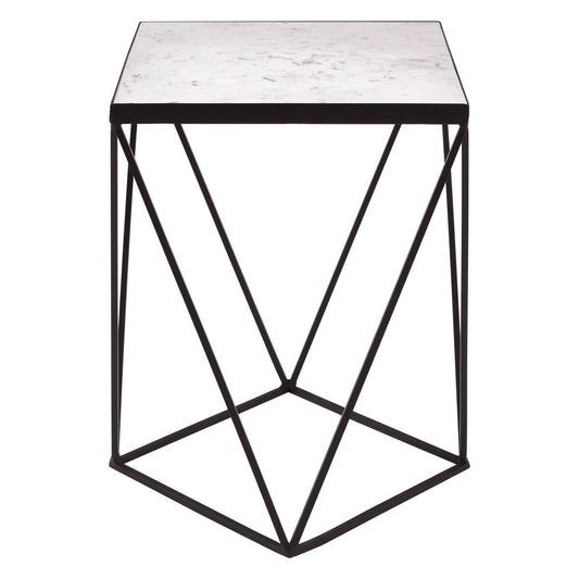 White Marble Top Square Side Table with Black Finish Metal Base | Shalimar
