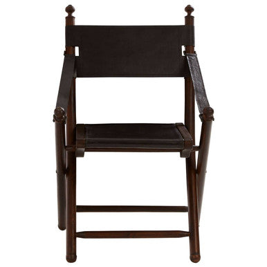 Inca Black Leather and Teak Wood Folding Chair
