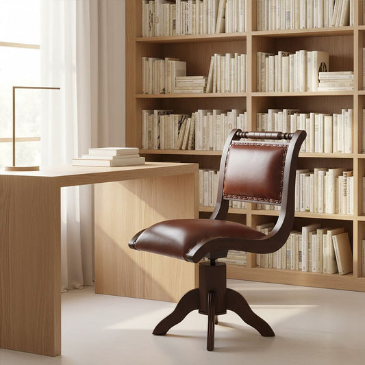 Inca Brown Leather and Teak Wood Swivel Chair