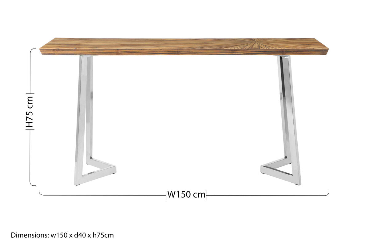Natural Textured Bamboo Top Console Table with Silver Stainless Steel Frame | Gabar