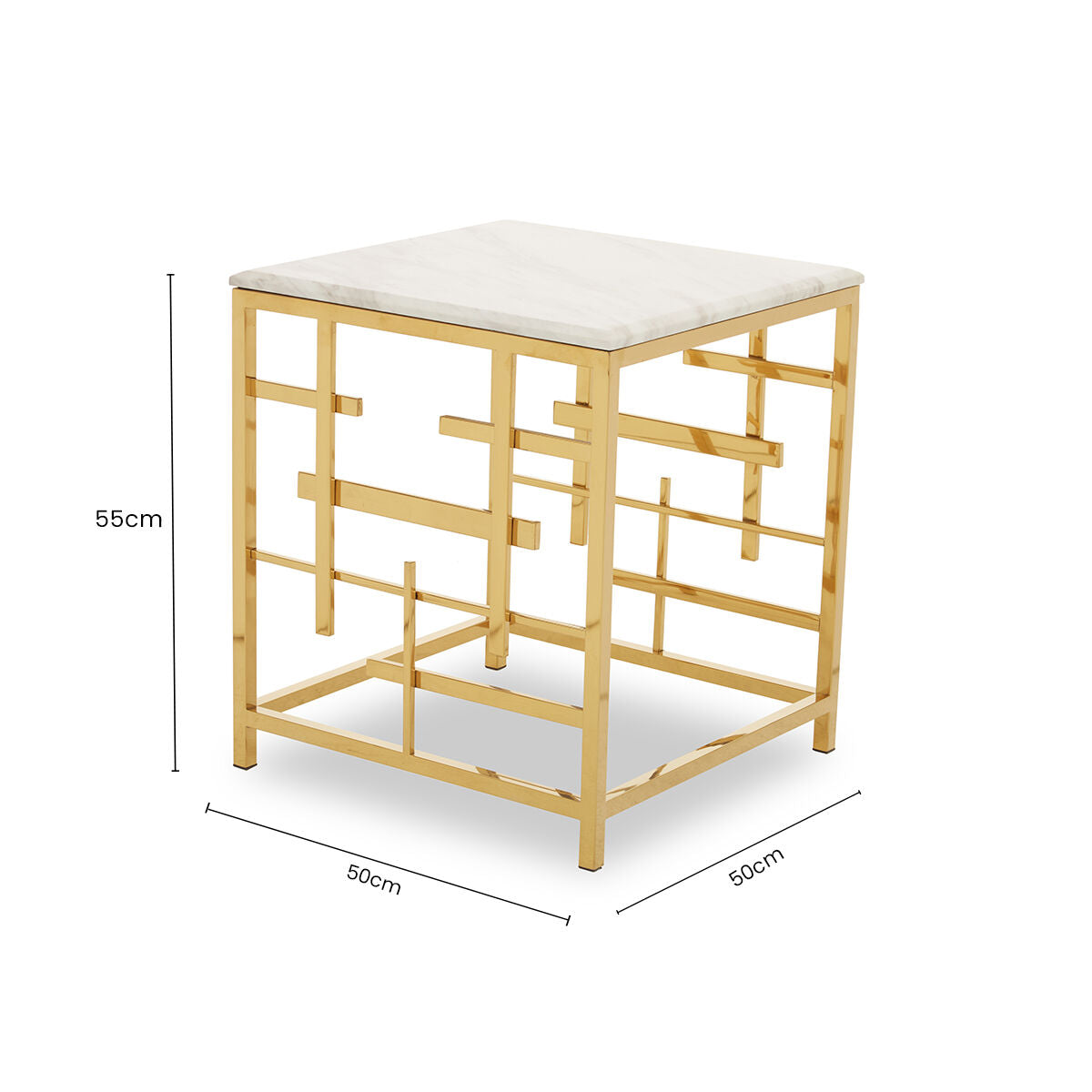 White Marble Top Side Table with Gold Finish Geometric Stainless Steel Base | Aprilia