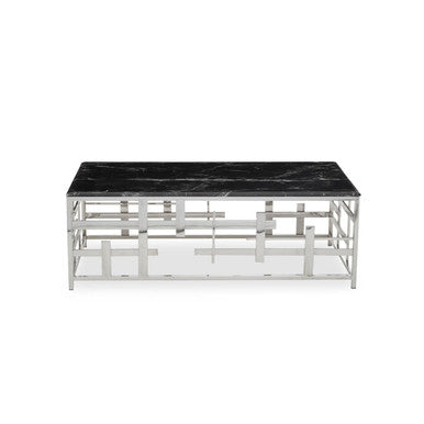 Black Marble Top Coffee Table with Silver Finish Geometric Stainless Steel Base | Aprilia