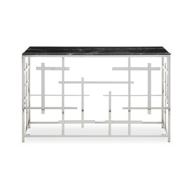 Black Marble Top Console Table with Silver Finish Geometric Stainless Steel Base | Aprilia