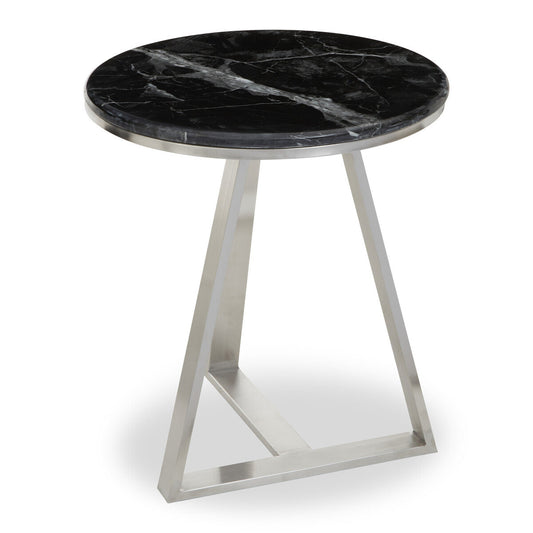 Alvaro Silver Stainless Steel Side Table with Black Marble Top