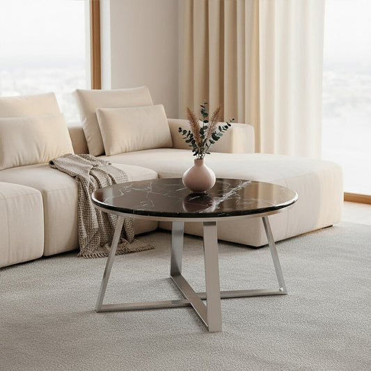 Alvaro Round Coffee Table With Black Marble Top