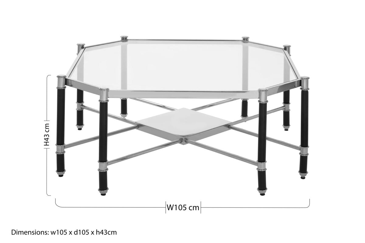Silver and Black Metal Coffee Table with Clear Tempered Glass Top | Allessi