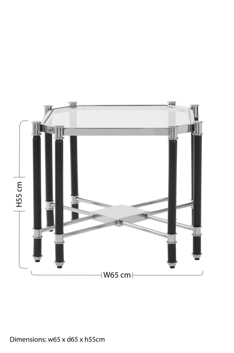 Silver and Black Chrome Finish End Table with Clear Tempered Glass Top | Allessi