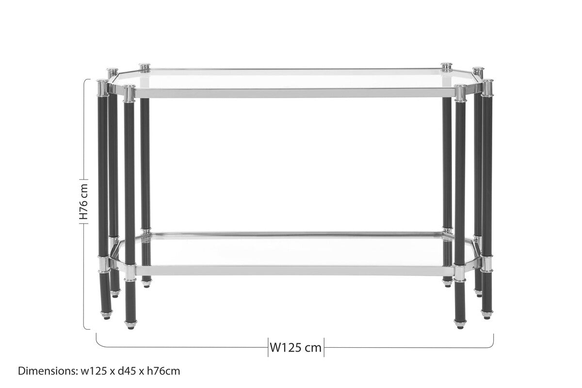 Silver and Black Chrome Finish Console Table with Clear Tempered Glass Top | Allessi