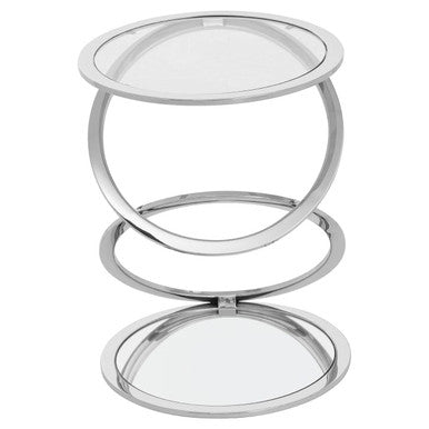 Silver Finish Rings Shaped Base End Table with Clear Glass Top, Oria