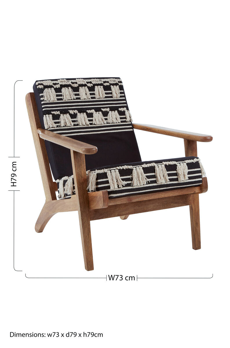 Cefena Black and White Shaggy Fabric Lounge Chair with Mango Wood Frame