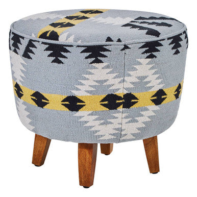 Cefena Black and White Mango Wood Footstool with Kilim Style