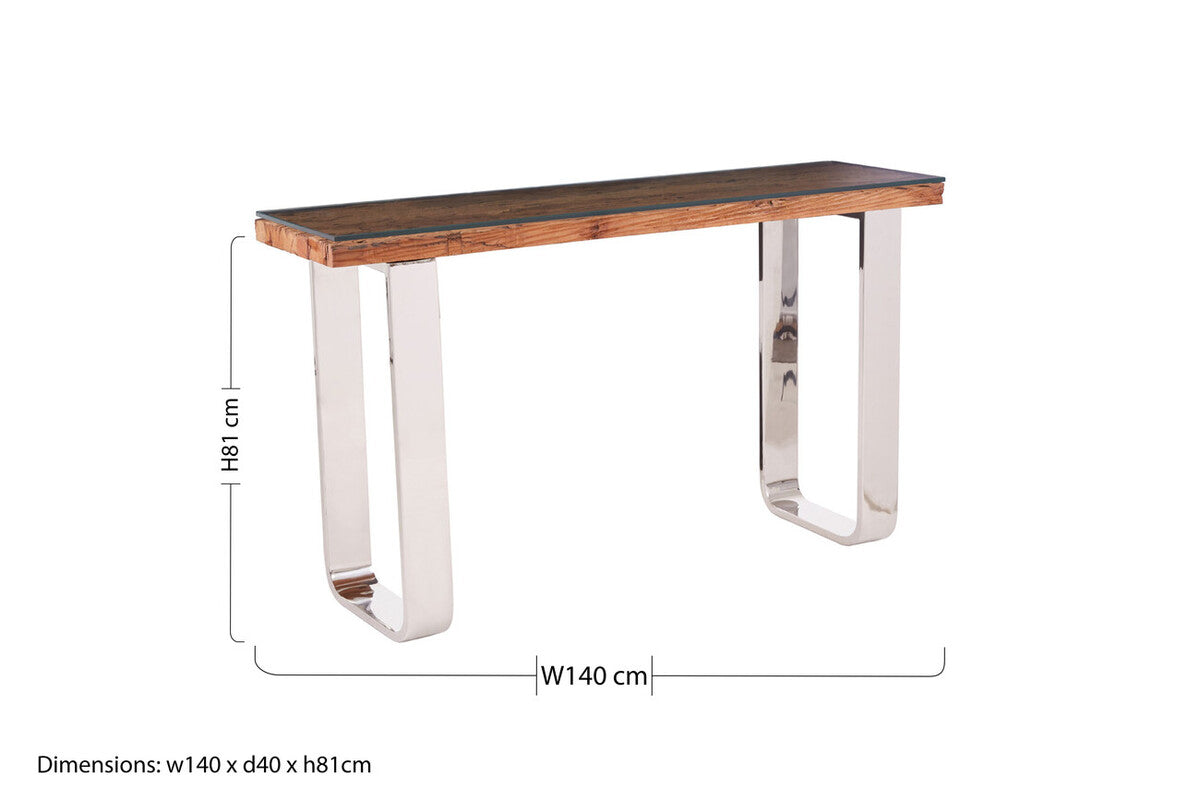 Natural Wood and Clear Glass Top Console Table with Silver U-Shaped Metal Legs | Kerala