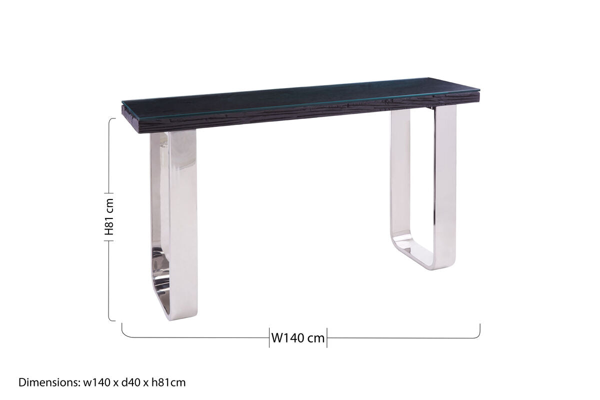 Black Wood and Clear Glass Top Console Table with Silver U-Shaped Metal Legs | Kerala