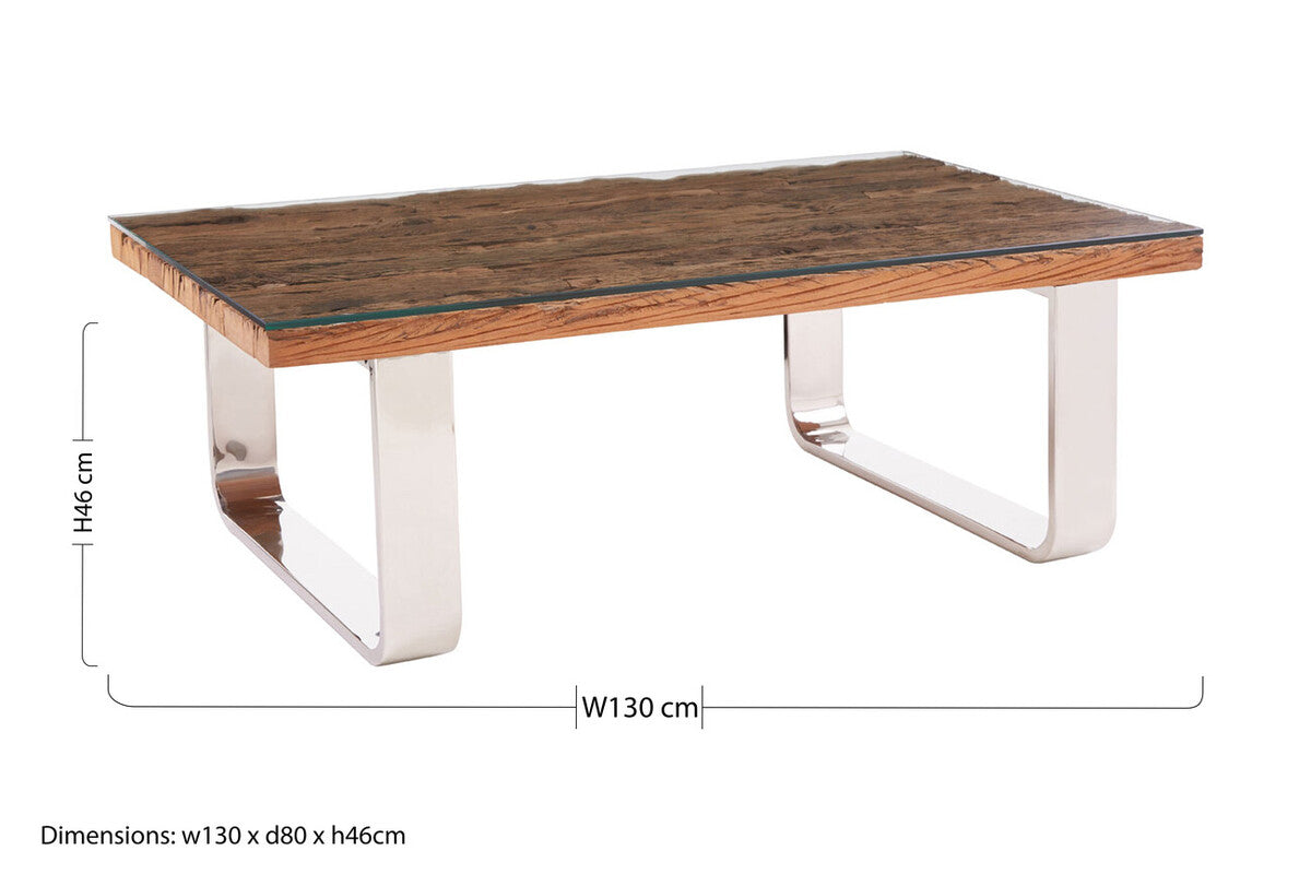 Natural Wood and Clear Glass Top Coffee Table with Silver U-Shaped Metal Legs | Kerala