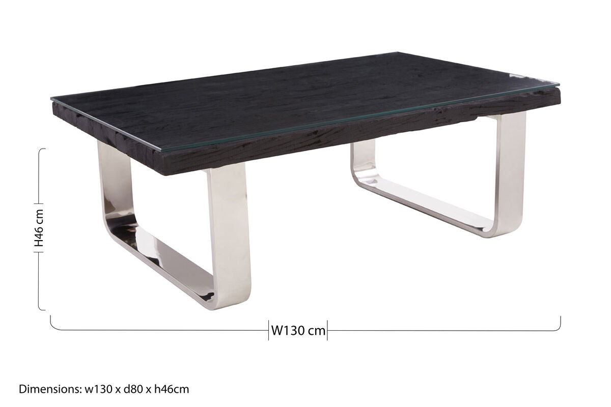 Black Wood and Clear Glass Top Coffee Table with Silver U-Shaped Metal Legs | Kerala