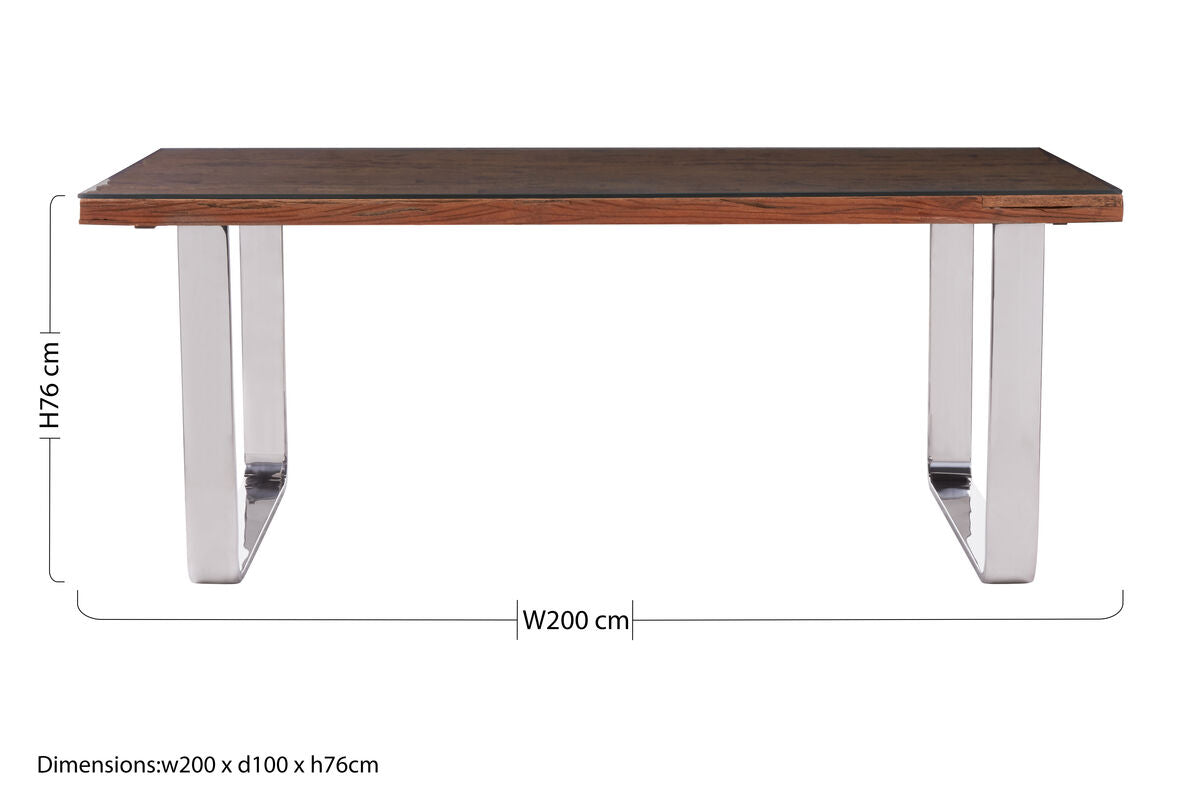 Natural Wood and Clear Glass Top Dining Table with Silver U-Shaped Metal Legs | Kerala