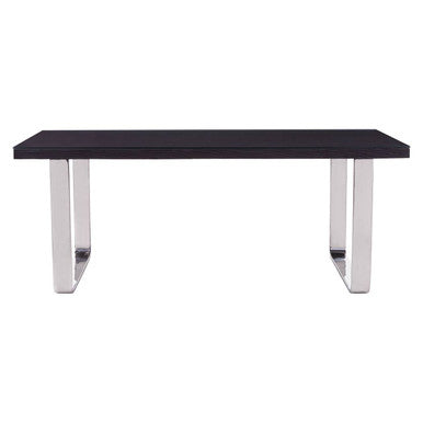 Large Black Pinewood and Clear Glass Top Dining Table with Silver U-Shaped Metal Legs | Kerala