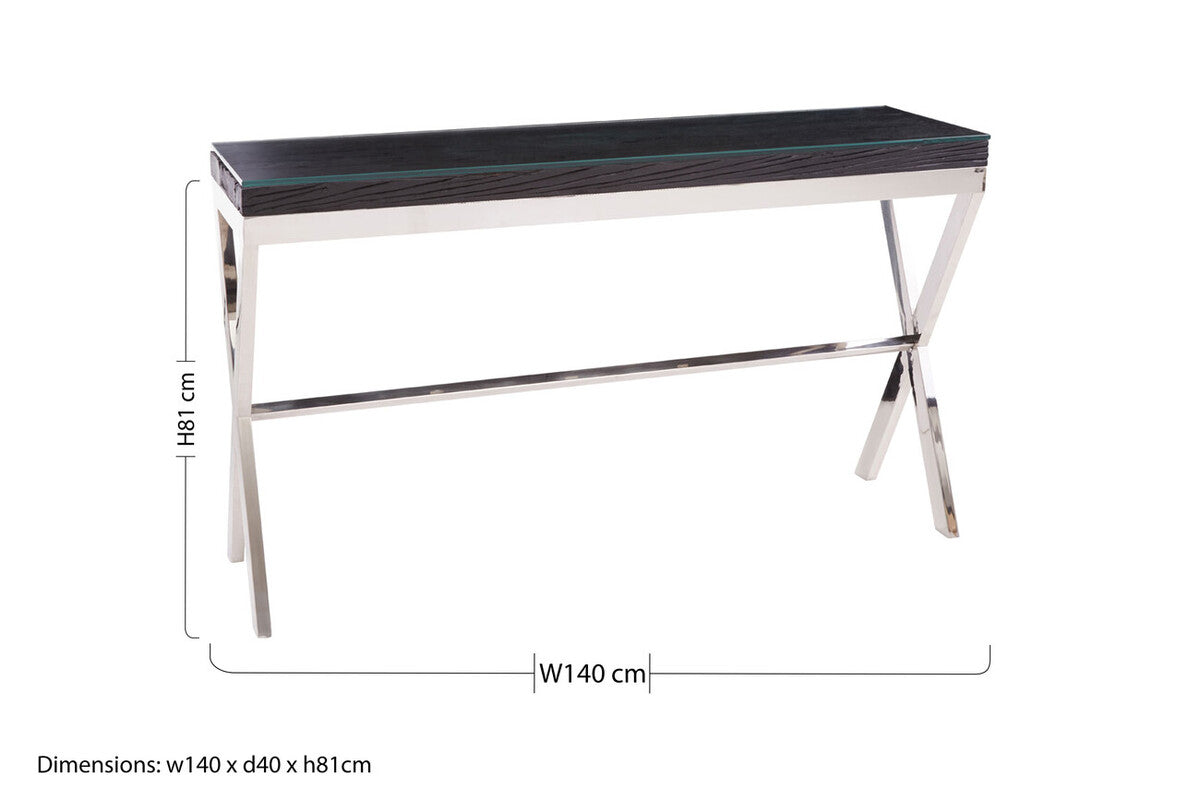 Black Wood and Clear Glass Top Console Table with Silver Crossed Legs | Kerala