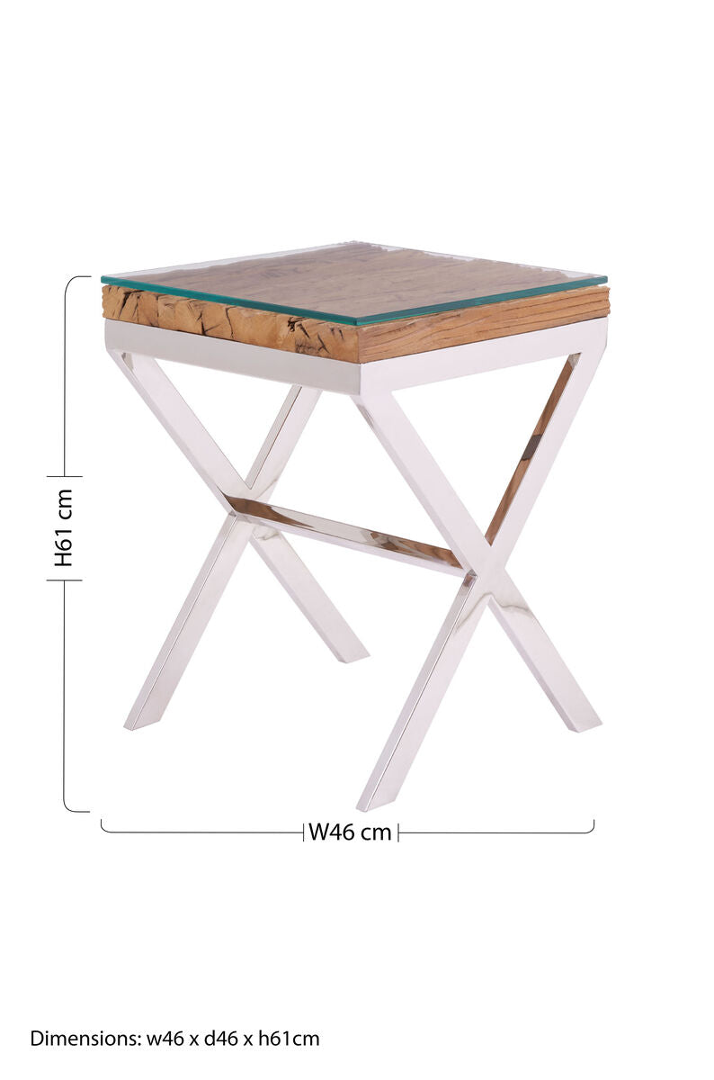 Natural Sal Wood and Clear Glass Top Side Table with White Crossed Legs | Kerala