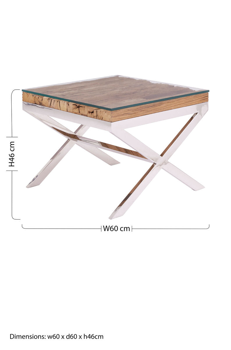 Square Natural Wood and Clear Glass Top End Table with Silver Cross Base | Kerala