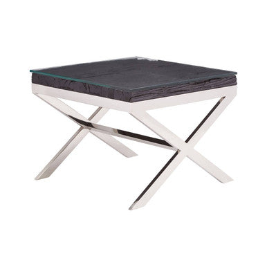Square Black Wood and Clear Glass Top End Table with Silver Cross Base | Kerala