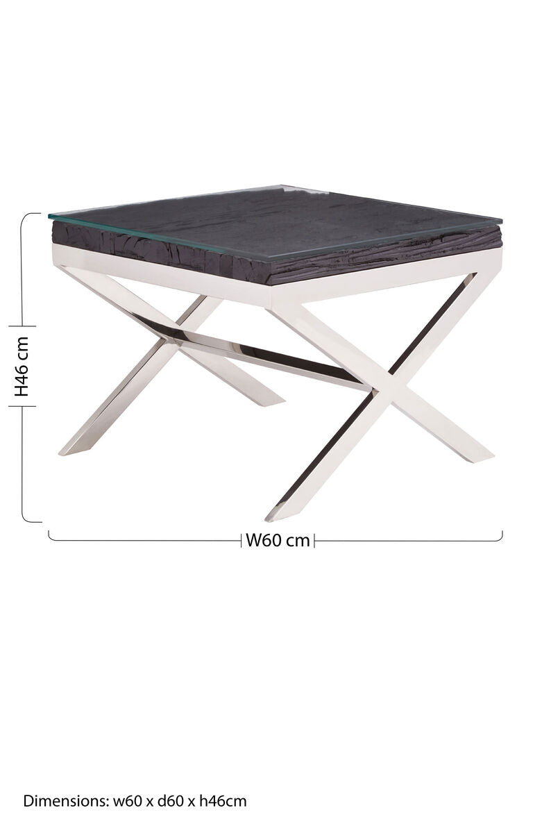Square Black Wood and Clear Glass Top End Table with Silver Cross Base | Kerala