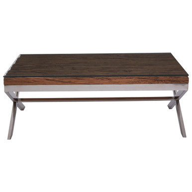 Square Natural Wood and Clear Glass Top Coffee Table with Silver Cross Base | Kerala