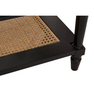 Black Finish Clear Glass Top Coffee Table with Natural Rattan Woven Shelf | Corso