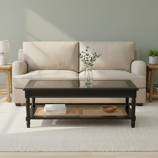 Corso Black Coffee Table with Rattan Shelf