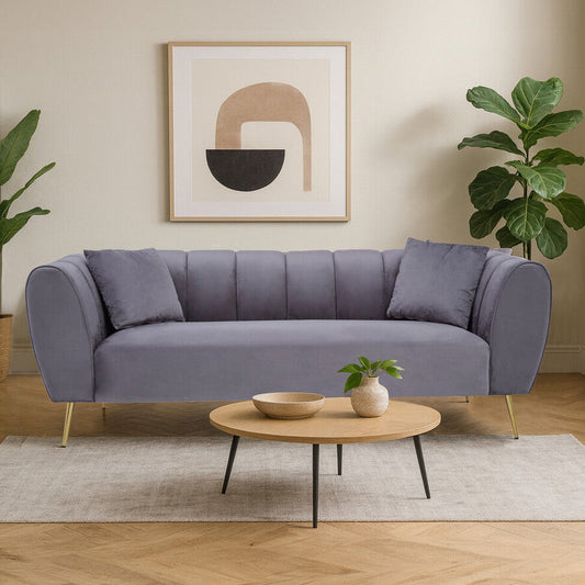 Florine Three Seater Grey Velvet Sofa